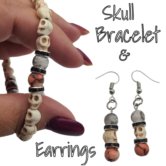 Handcrafted Set Of Stretchy Skull Bracelet & Earrings - Picture 1 of 13